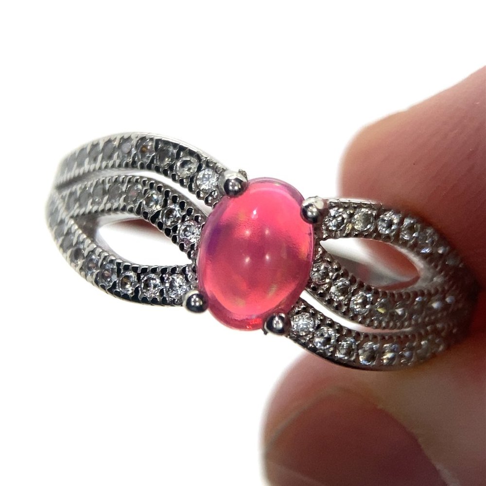 Pink Opal .78ct Platinum Finish Solid 925 Sterling Silver Ring